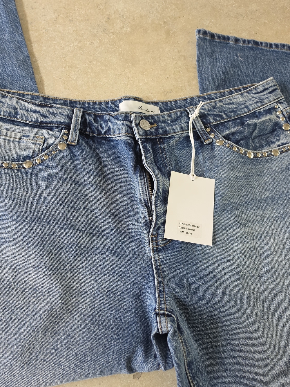 KanCan Medium Blue Straight Leg Jeans with Stud Accents - Picture 2 of 5